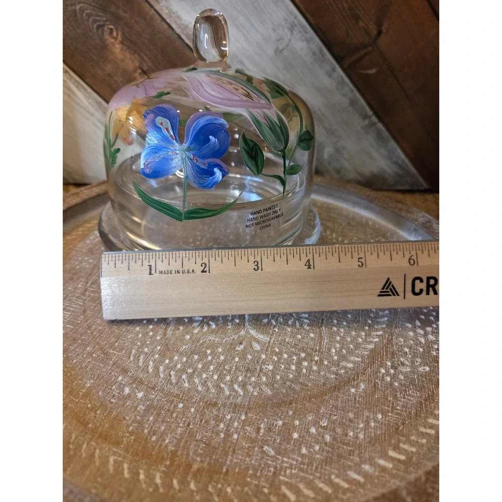 Hand Painted Floral Glass Butter Dish Domed Cloche Lid Clear 2 Piece Set Cottage